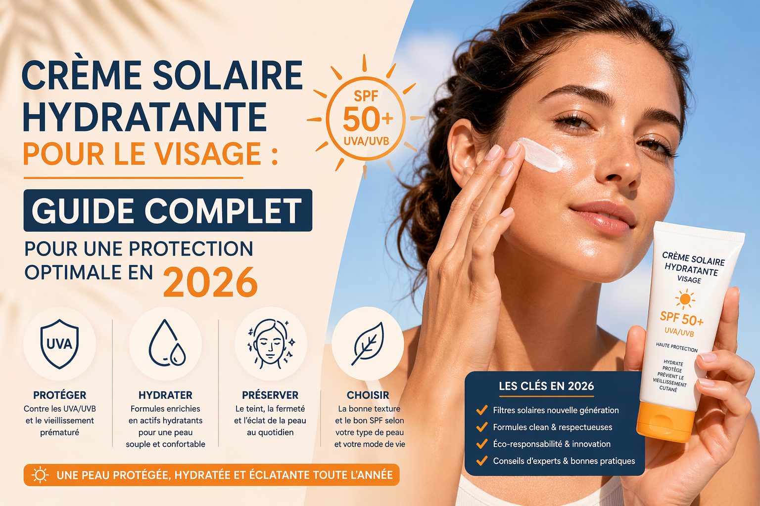 Guide crème solaire hydratante visage SPF 50 protection UVA UVB 2026
