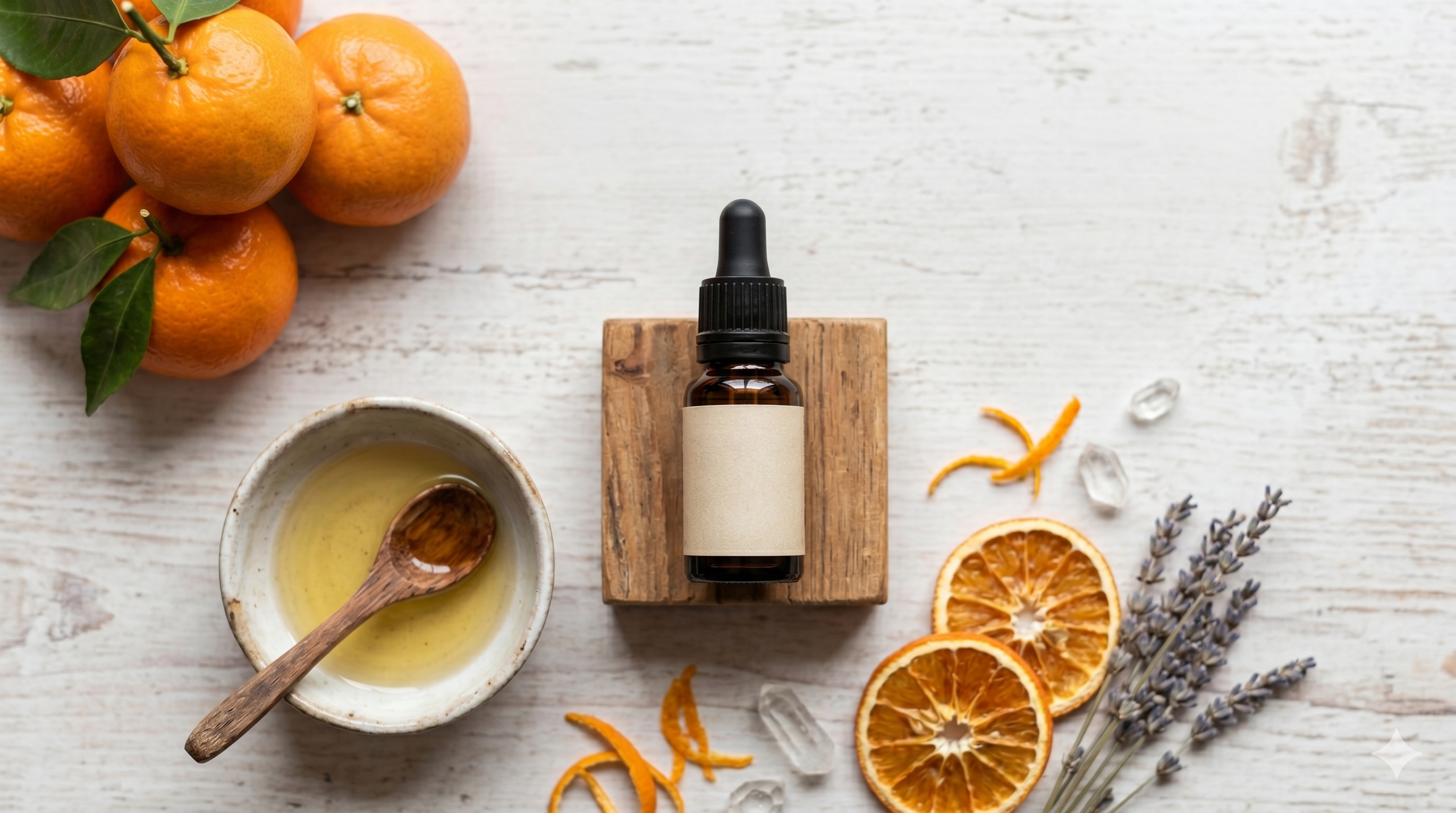 Essence de Mandarine Pranarōm flacon ambré et fruits de mandarine fraîche