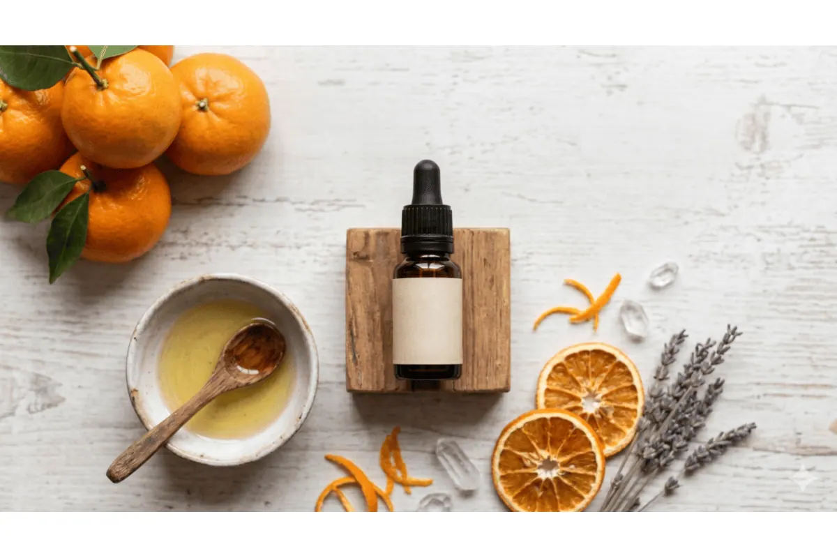 Flacon d'essence de Mandarine Pranarōm avec des mandarines fraîches