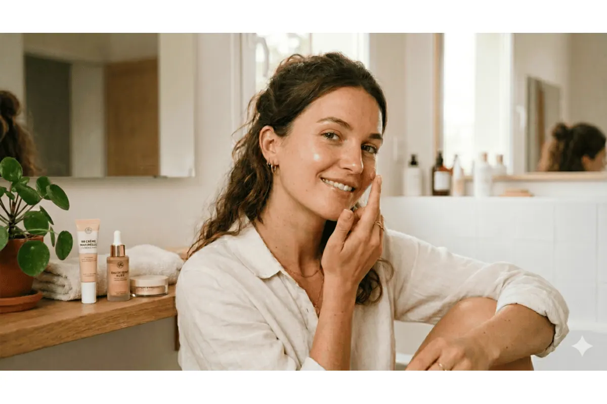 Guide fond de teint effet naturel peau nue femme appliquant Magnifaïk Juste Parfait C'est la base embellisseur SPF30 vegan clean beauty