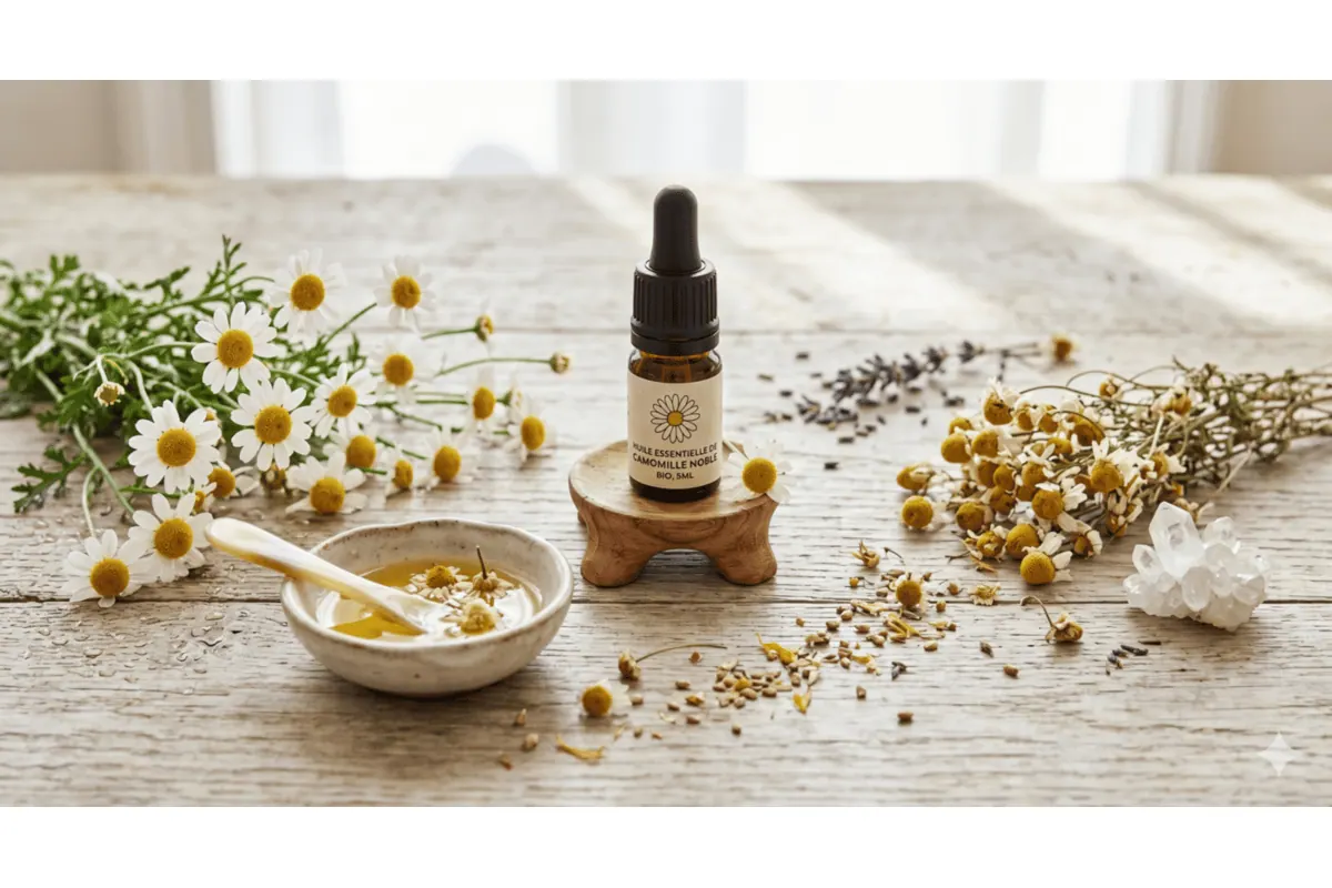 Flacon d'huile essentielle de Camomille noble Pranarōm avec des fleurs de camomille