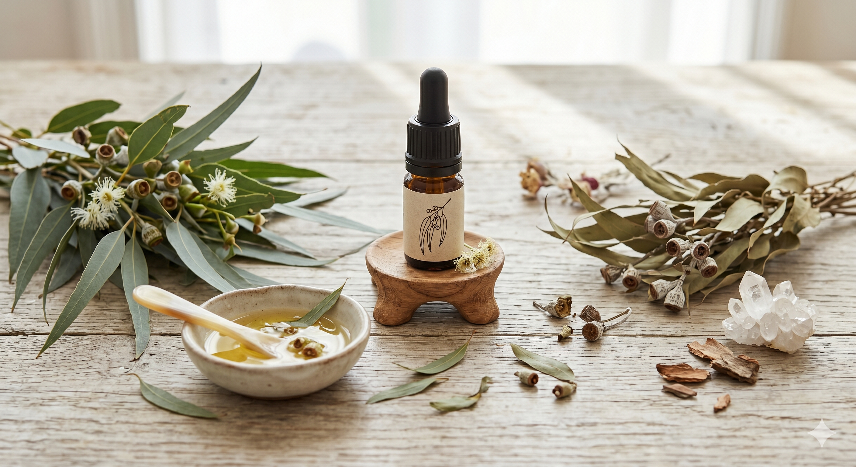 Huile essentielle d'Eucalyptus radié Pranarōm flacon ambré et feuilles d'eucalyptus