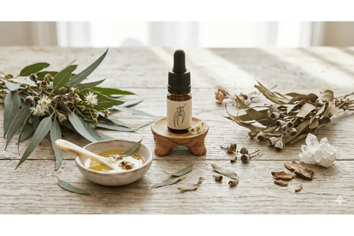 Flacon d'huile essentielle d'Eucalyptus radié Pranarōm avec des feuilles d'eucalyptus