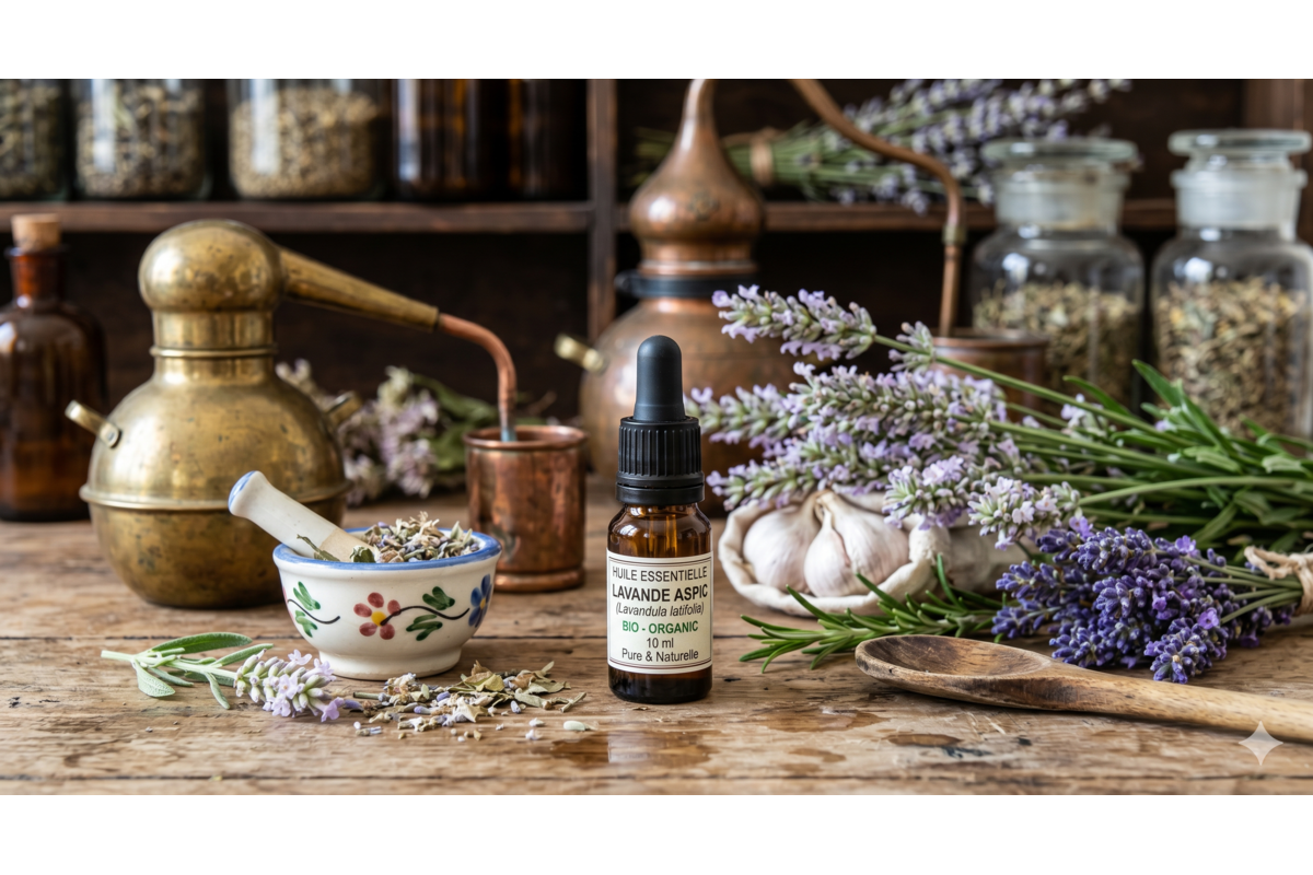 Huile essentielle Lavande Aspic Puressentiel flacon alambic mortier herboristerie