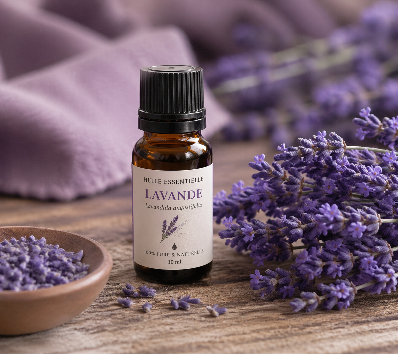 Huile essentielle de lavande fine bio Lavandula angustifolia flacon 10ml et brins de lavande de Provence