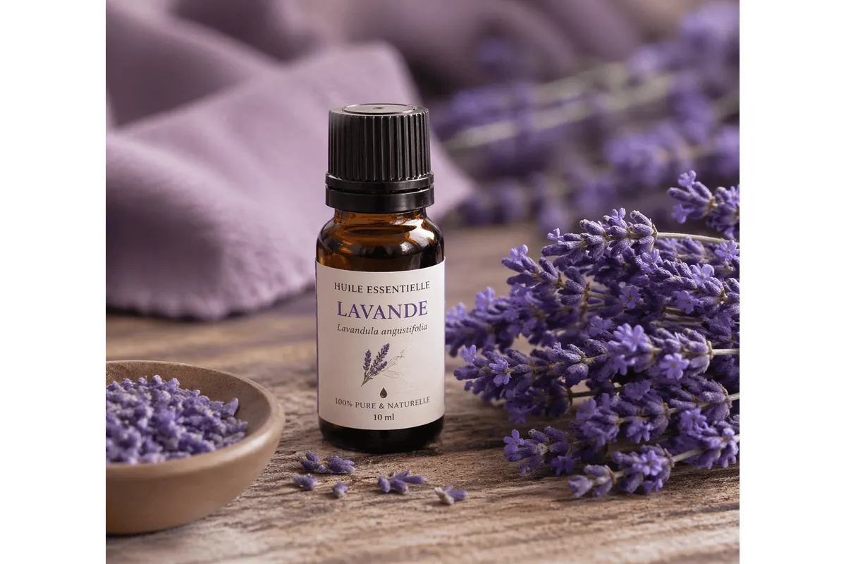Huile essentielle de lavande fine bio Lavandula angustifolia flacon 10ml et brins de lavande de Provence