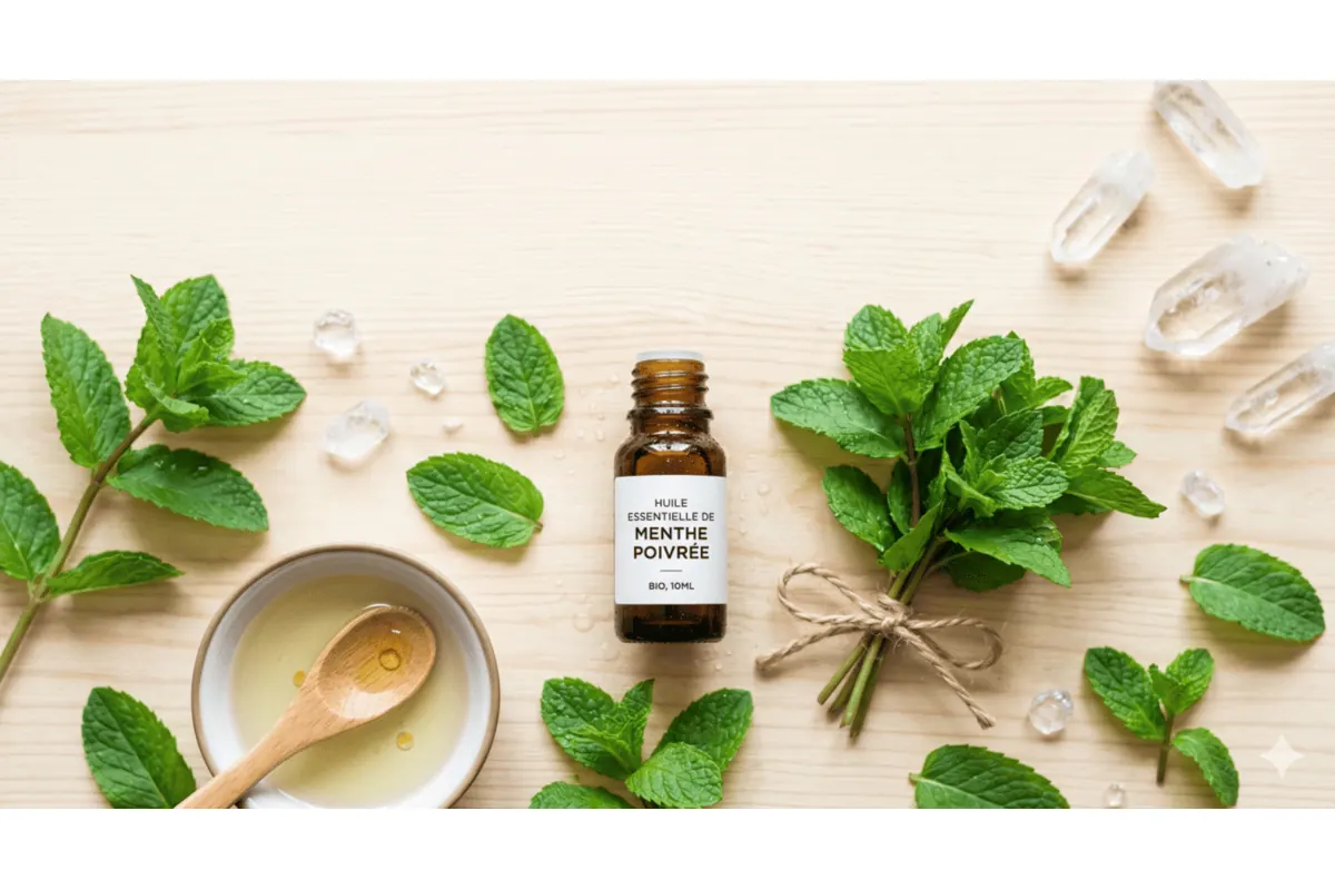 Huile essentielle Menthe poivrée Pranarōm flacon ambré feuilles fraîches digestion nausées migraine 5 recettes