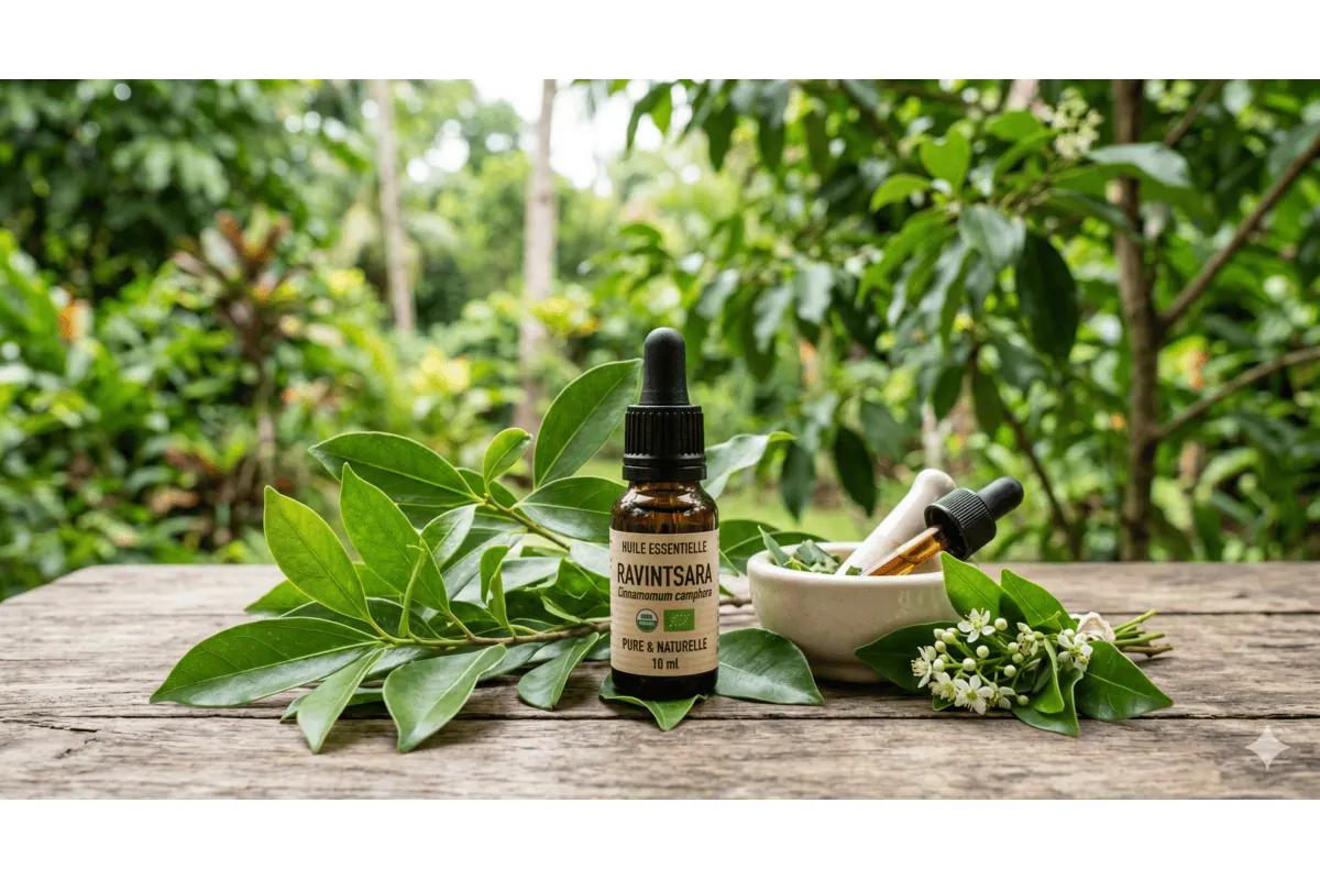 Flacon d'huile essentielle de Ravintsara Pranarōm avec des feuilles