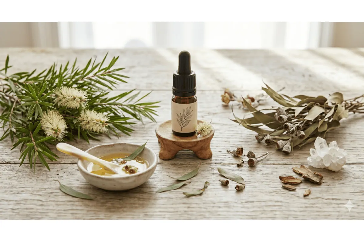 Flacon d'huile essentielle de Tea Tree Pranarōm avec des feuilles de Melaleuca alternifolia