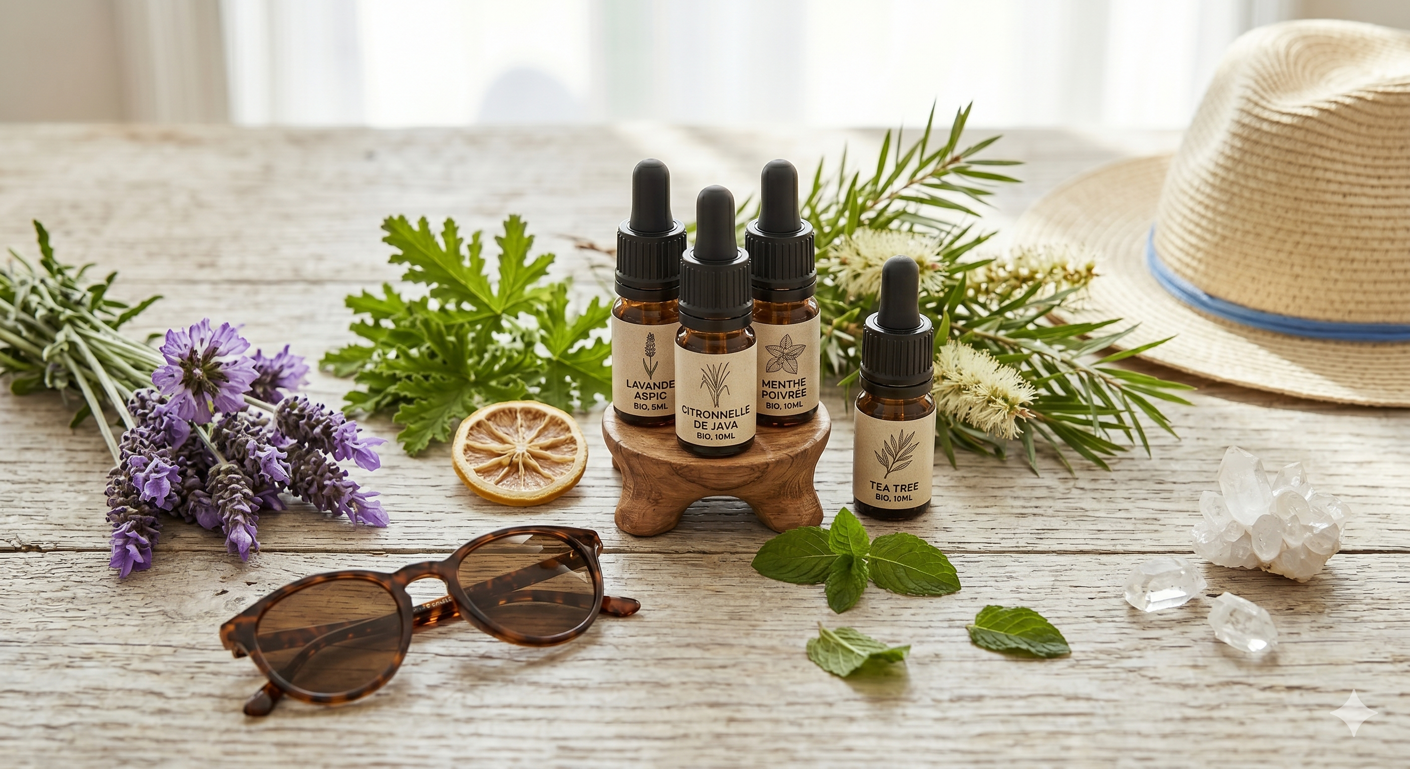 Sélection huiles essentielles été Pranarōm Citronnelle Lavande Géranium Cyprès Menthe Ylang-Ylang
