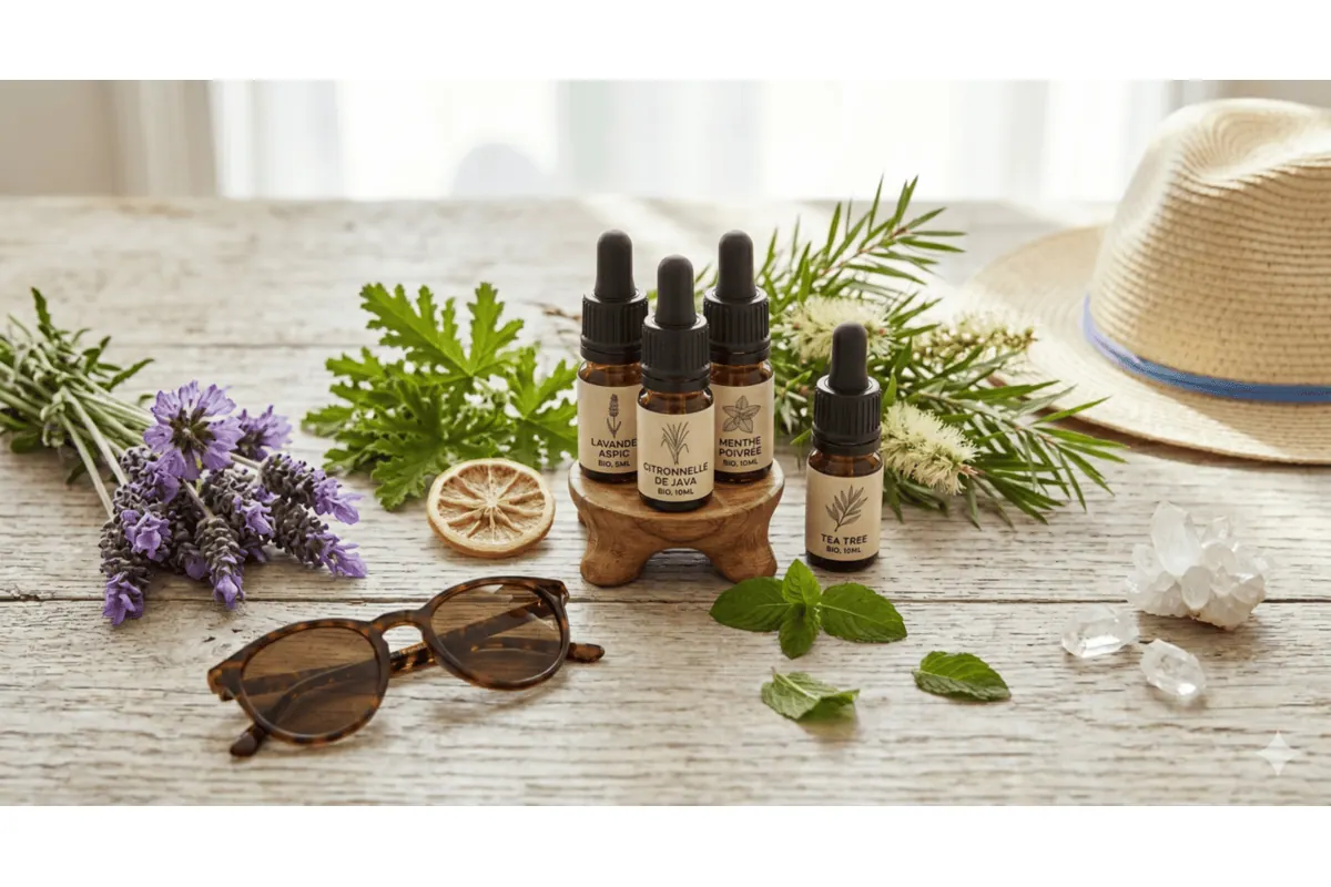 Sélection huiles essentielles été Pranarōm Citronnelle Lavande Aspic Géranium Cyprès Menthe Ylang-Ylang top 7 comparatif anti-moustiques après-soleil