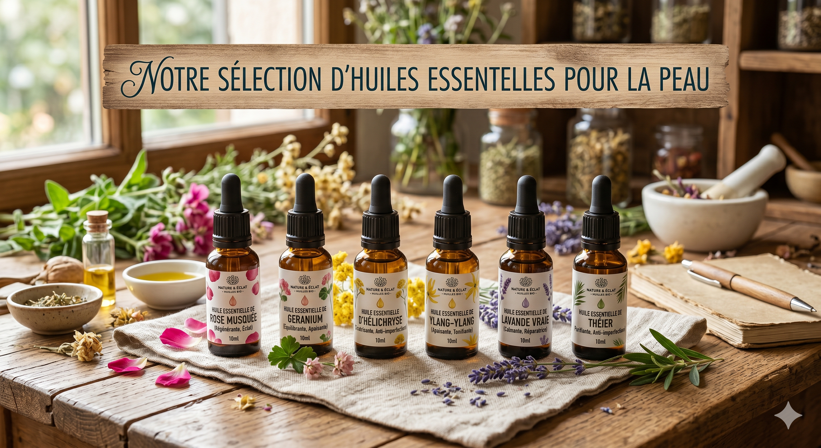 Sélection d'huiles essentielles Pranarōm pour la peau Rose Musquée Géranium Hélichryse Lavande