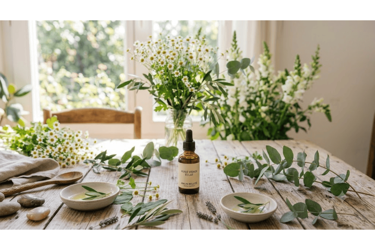Huile visage éclat flacon compte-gouttes fleurs marguerites eucalyptus bois clair table lumière naturelle atmosphère slow beauty
