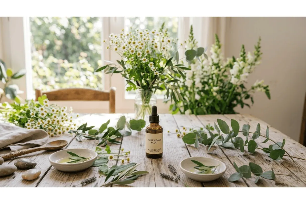 Huile visage éclat flacon compte-gouttes fleurs marguerites eucalyptus bois clair table lumière naturelle atmosphère slow beauty
