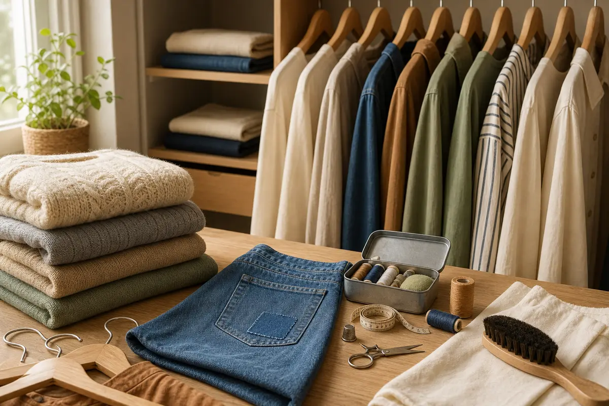 Garde-robe capsule organisée avec vêtements pliés et kit de couture