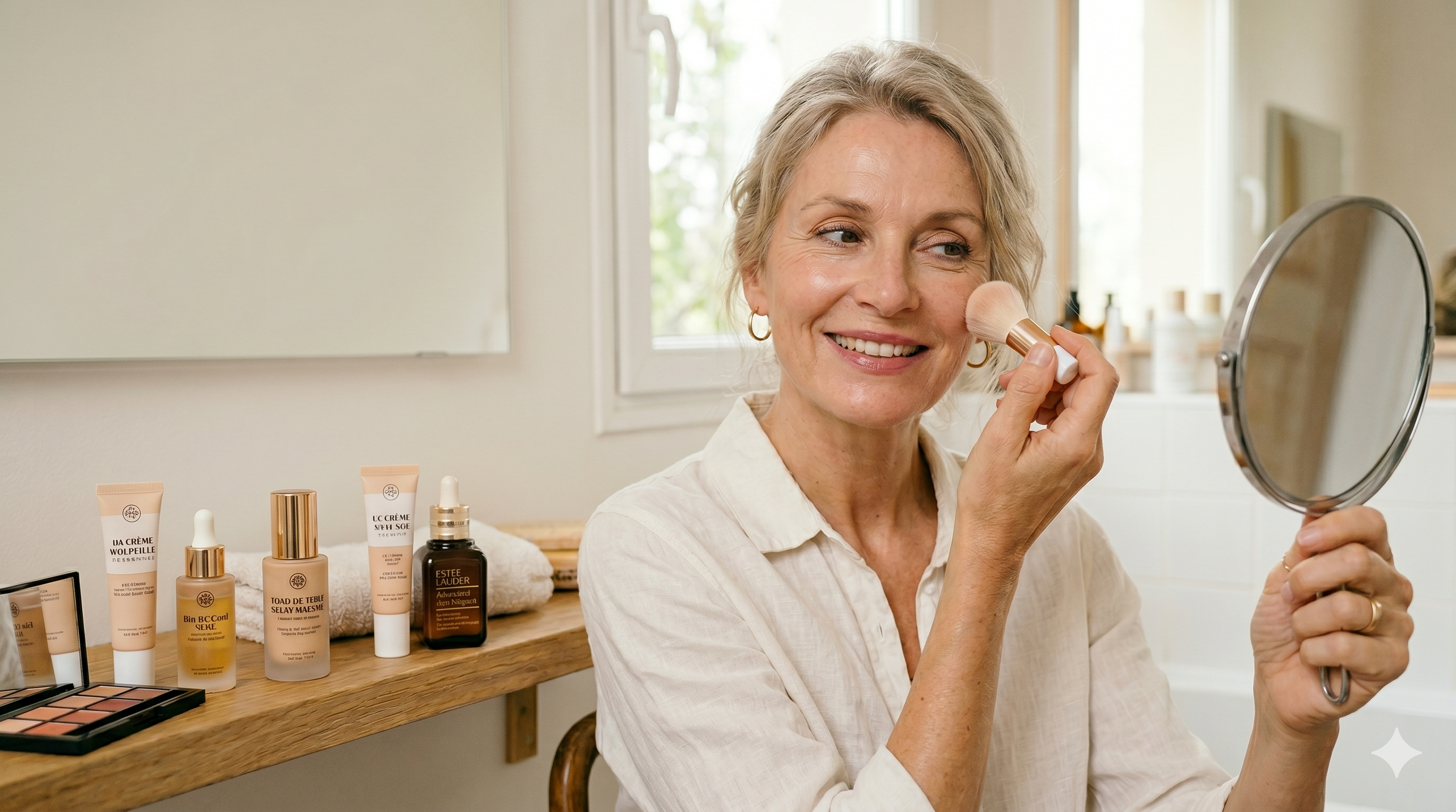 Maquillage peau mature femme senior appliquant blush pinceau miroir conseils naturels