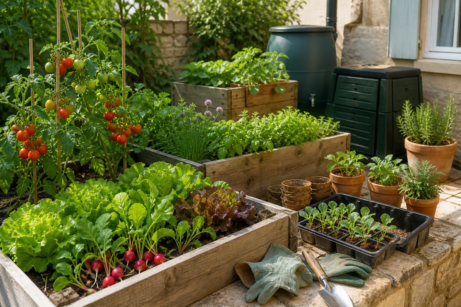 Potager économique avec tomates, salades, radis, aromates et matériel simple
