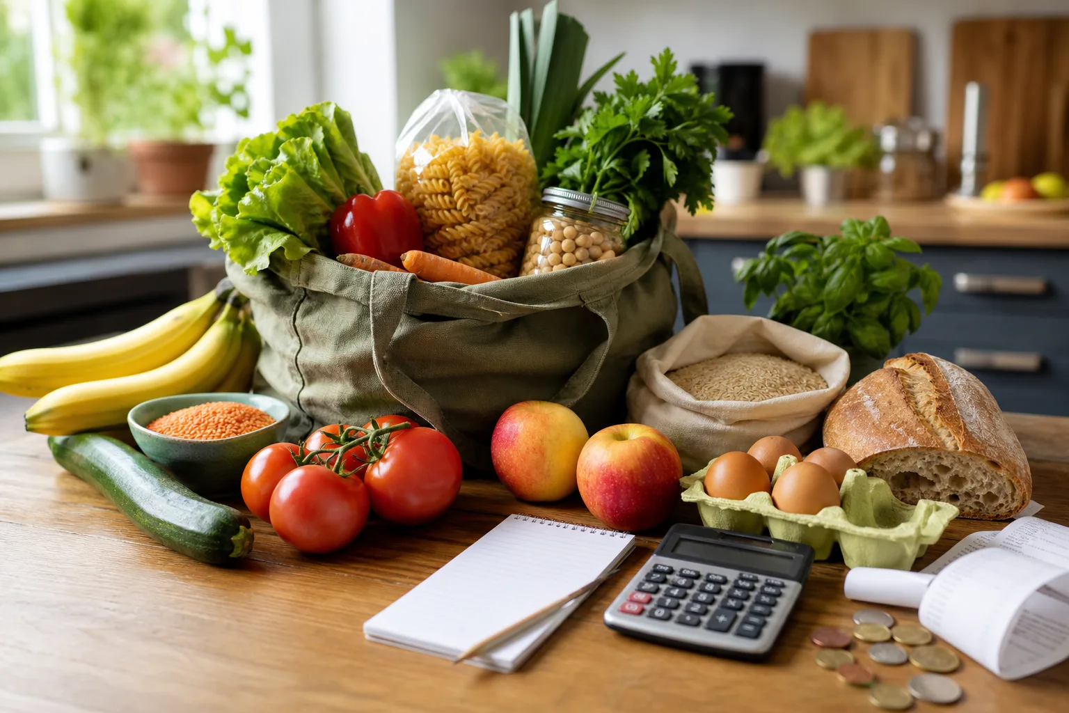 Courses économiques avec produits essentiels, liste, calculatrice et sac réutilisable