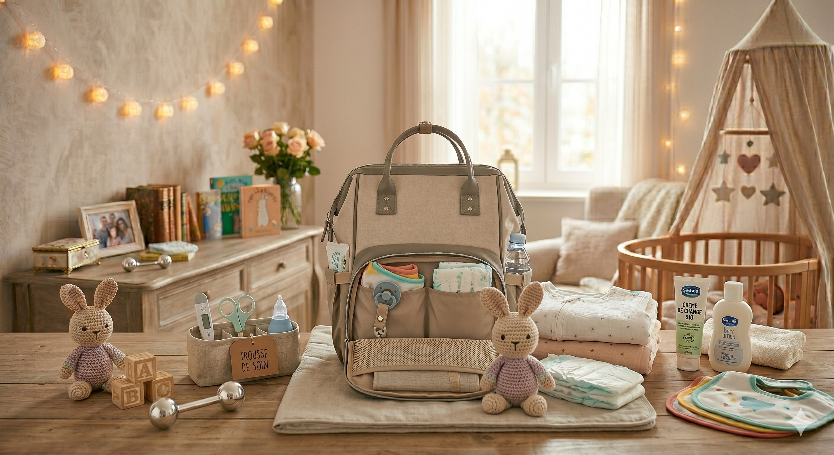 Sac à langer bébé avec accessoires essentiels disposés autour