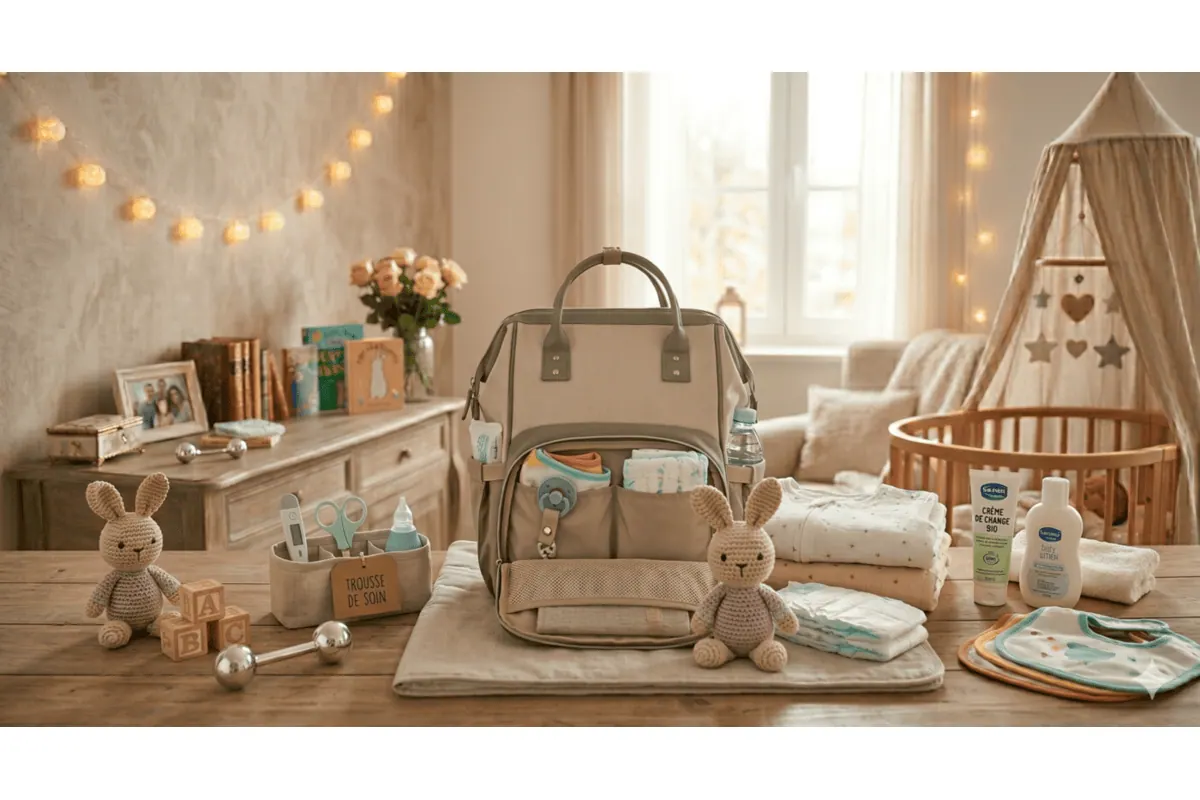 Sac à langer bébé avec accessoires essentiels disposés autour