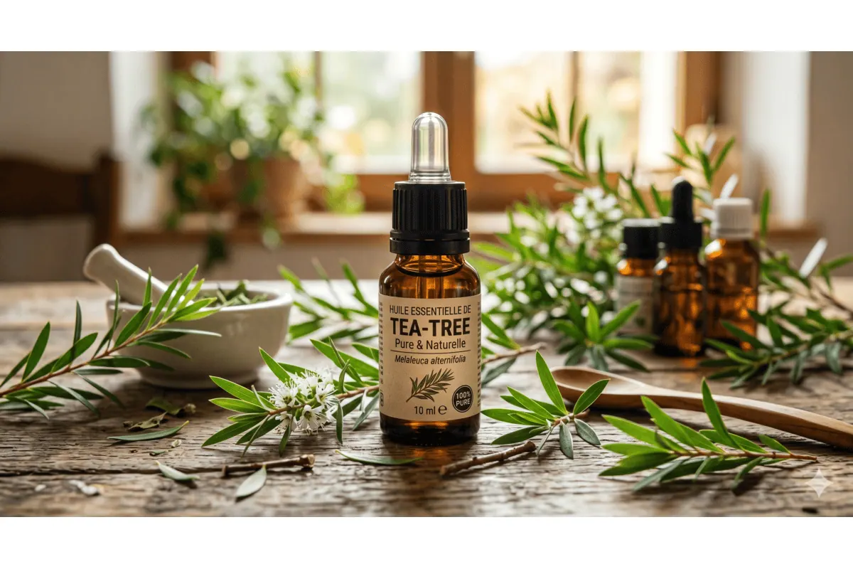 Huile essentielle Tea Tree arbre à thé Pranarôm flacon feuilles Melaleuca alternifolia acné mycose bouton fièvre plaie hydrolat lotion