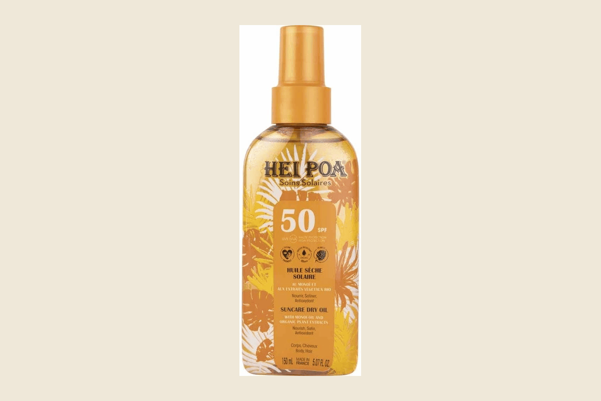 Hei Poa Huile Solaire Monoï SPF50 visage corps parfum tiaré Tahiti