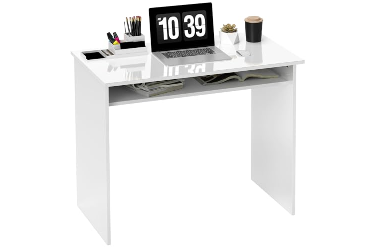 Bureau informatique HOMCOM blanc 90 cm avec étagère sous le plateau, ordinateur portable posé dessus