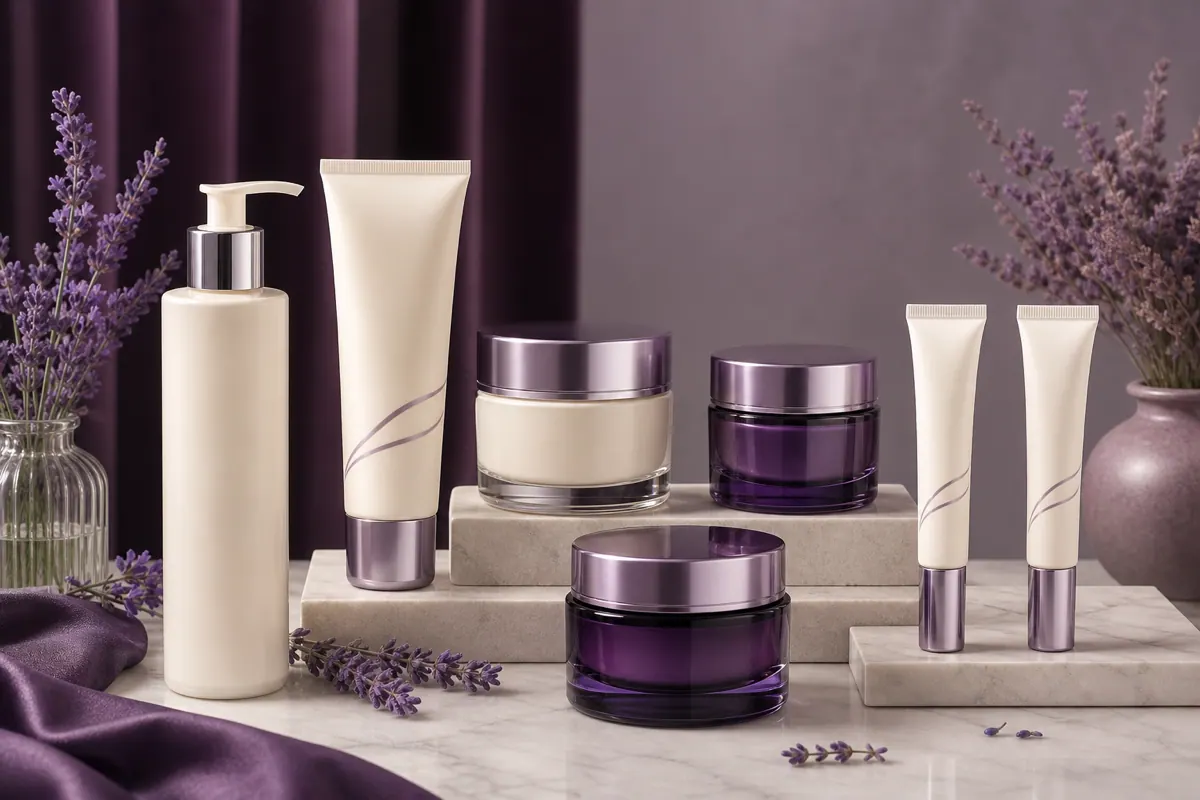 Sélection de sept soins visage dans des tons prune, lavande et ivoire
