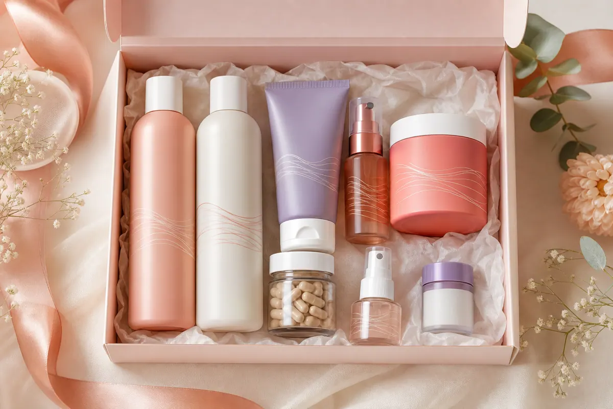 Coffret beauté rose avec une sélection de huit soins pour les cheveux bouclés