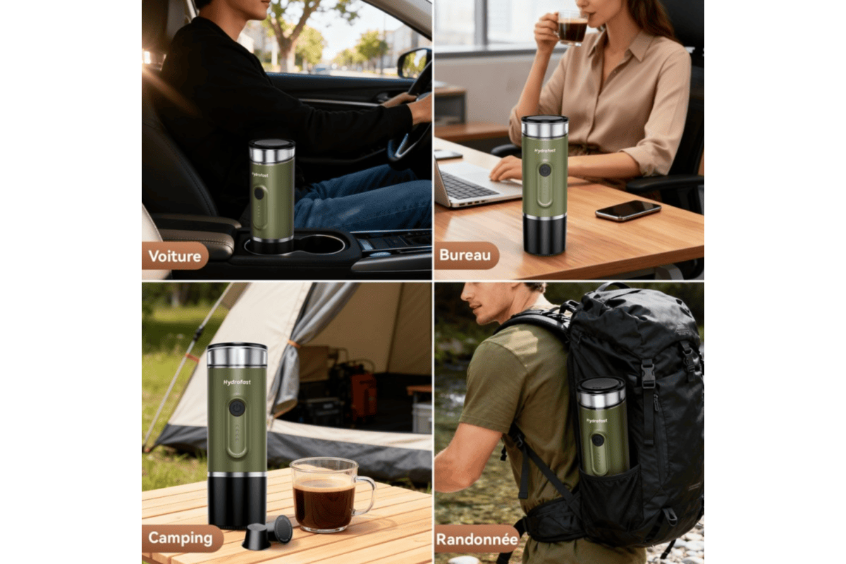Hydrofast PO-100 usages voiture bureau camping randonnée mosaïque polyvalence machine expresso portable nomade