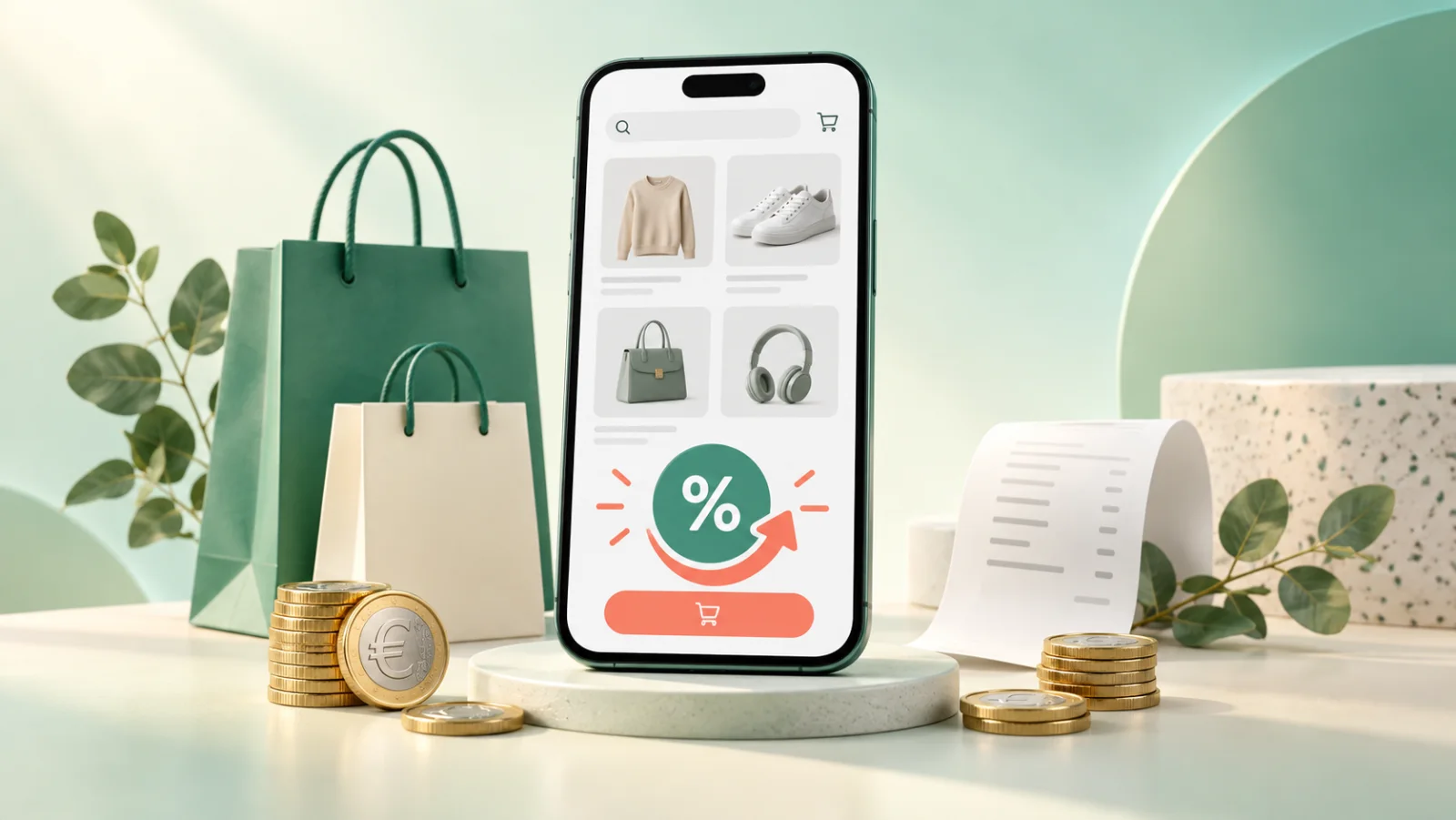 Téléphone affichant un symbole de cashback avec sacs de shopping et pièces en euros