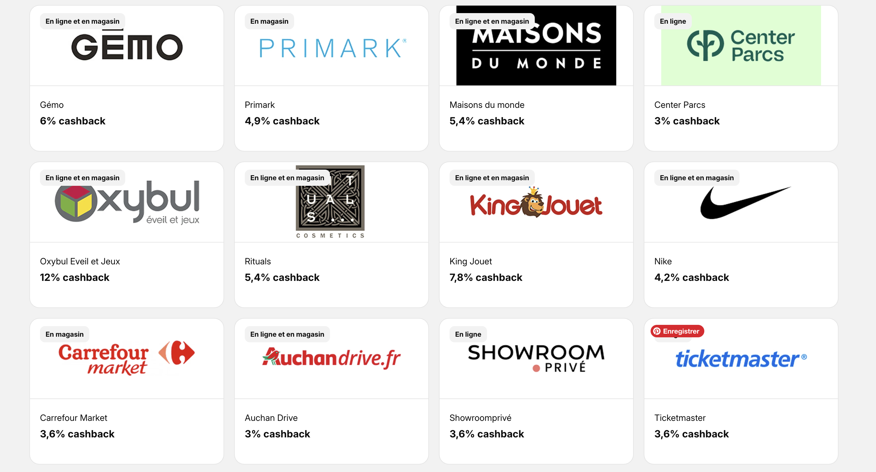 iGraal cashback Gemo Primark Maisons du Monde Center Parcs Oxybul Nike