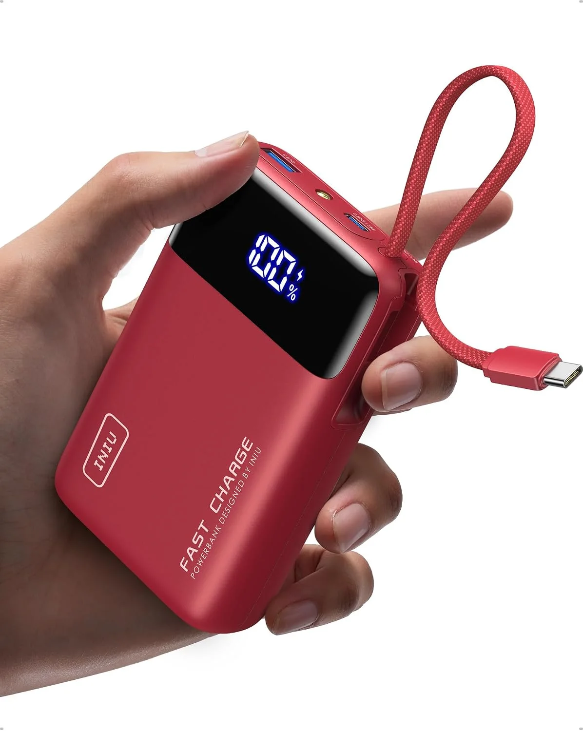 Batterie externe rouge INIU 20 000 mAh 45 W avec câble USB-C intégré et écran numérique
