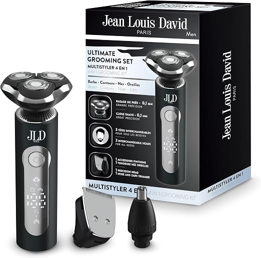 Coffret Jean Louis David avec rasoir électrique rotatif et accessoires de tonte