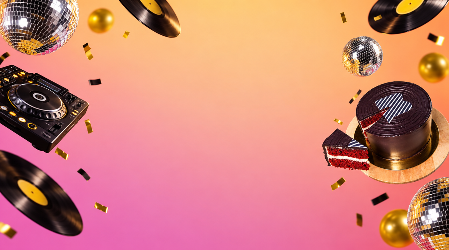 Décor du jeu anniversaire Blackstore avec vinyles, boules à facettes et gâteau sur fond rose et orange