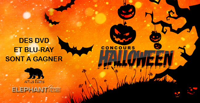 Bannière orange et noire du concours Halloween Ciné-Média avec des DVD et Blu-ray à gagner