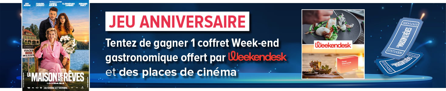 Bannière officielle du jeu anniversaire Gitem avec le coffret Weekendesk et des billets de cinéma à gagner