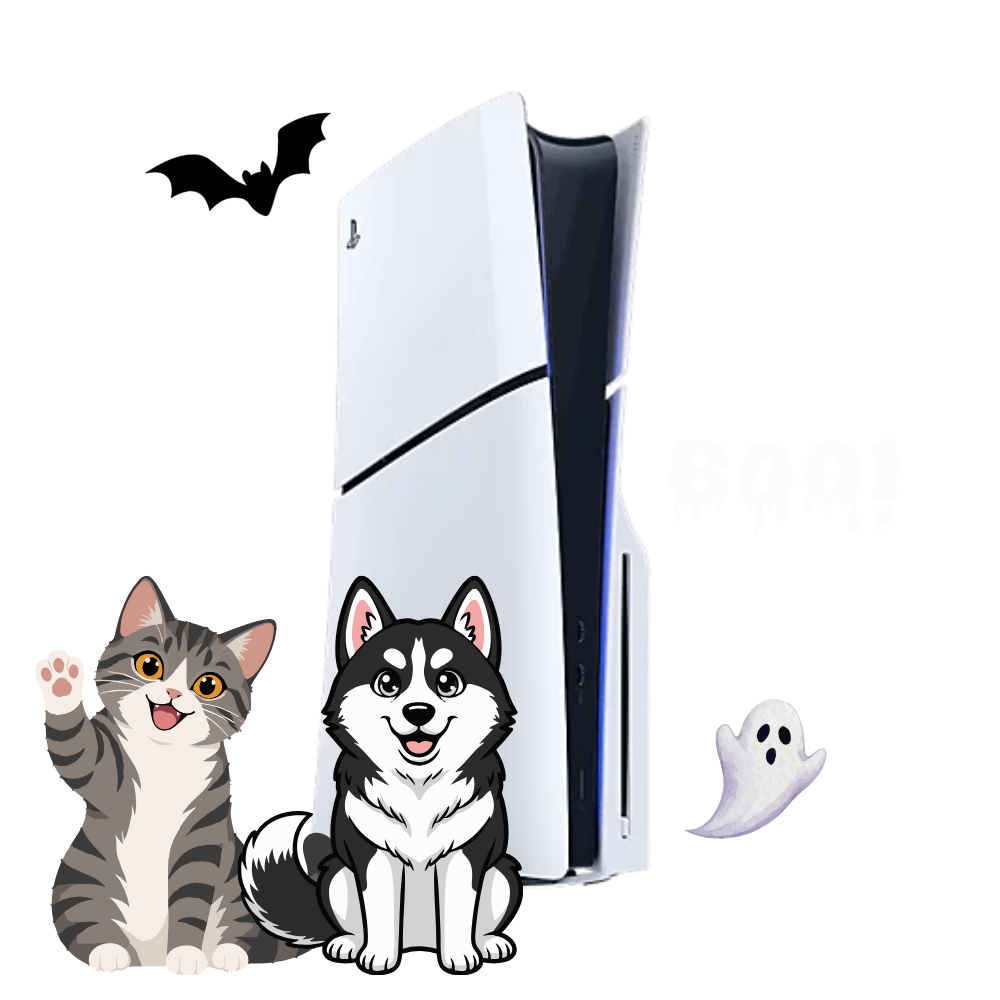 PlayStation 5 Standard entourée d’un chat, d’un chien et d’un petit fantôme pour le concours Halloween Wamiz