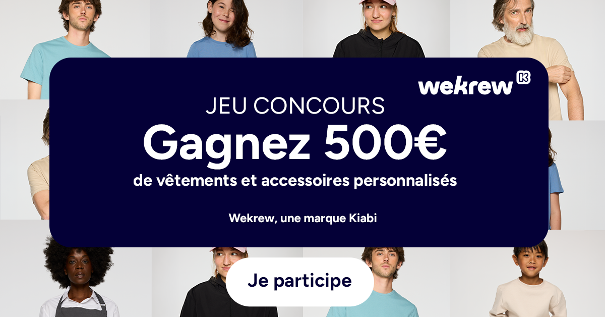 Visuel officiel du concours Wekrew de Kiabi annonçant 500 euros de vêtements et accessoires personnalisés à gagner