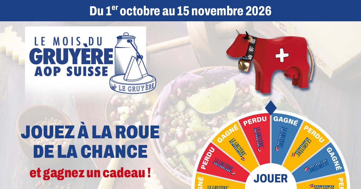 Jeu Le Mois du Gruyère AOP suisse 2026 avec roue de la chance et vache rouge Trauffer à gagner