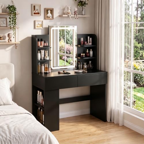 Coiffeuse JUMMICO noire de 90 cm avec miroir LED, tiroirs et étagères