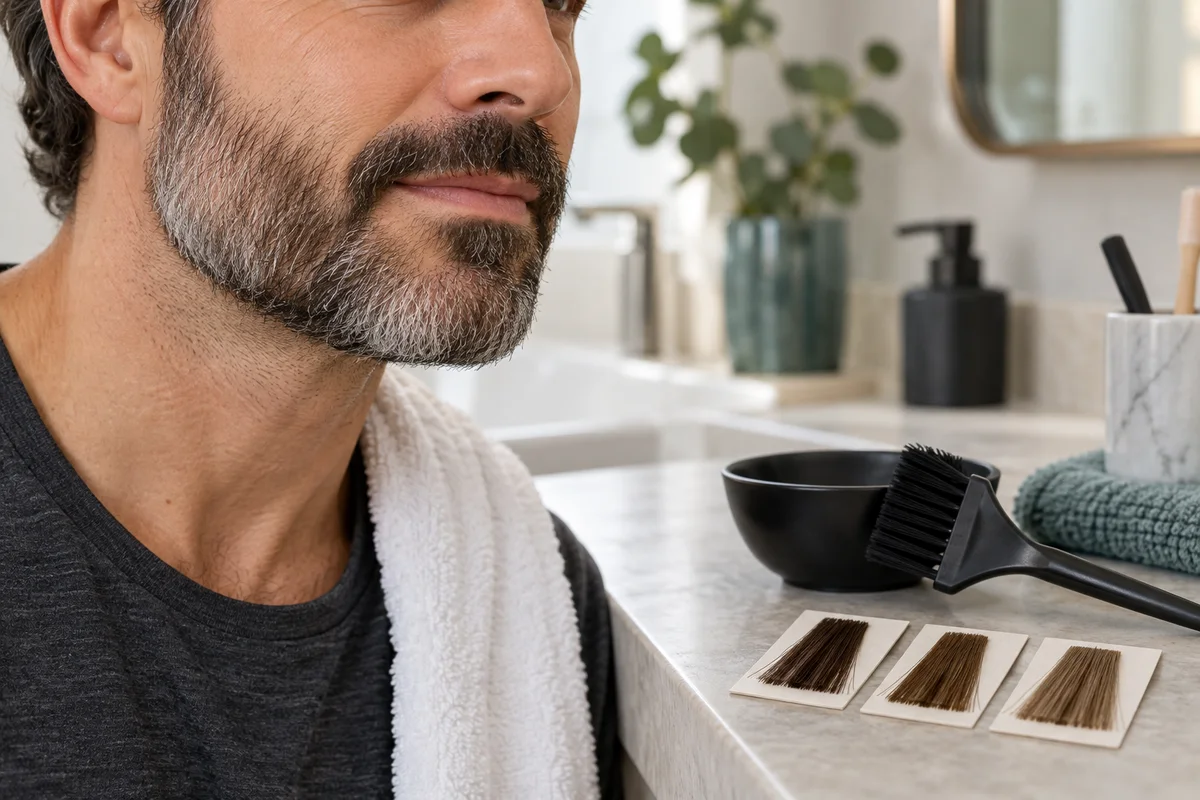 Homme avec une barbe poivre et sel devant un pinceau de coloration et trois nuances de brun