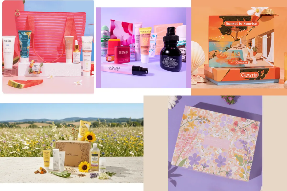 Les cinq box beauté comparées sur Kado-Box : Biotyfull Box, Blissim, Glowria, Belle au Naturel et Prescription Lab, avec leur contenu du mois
