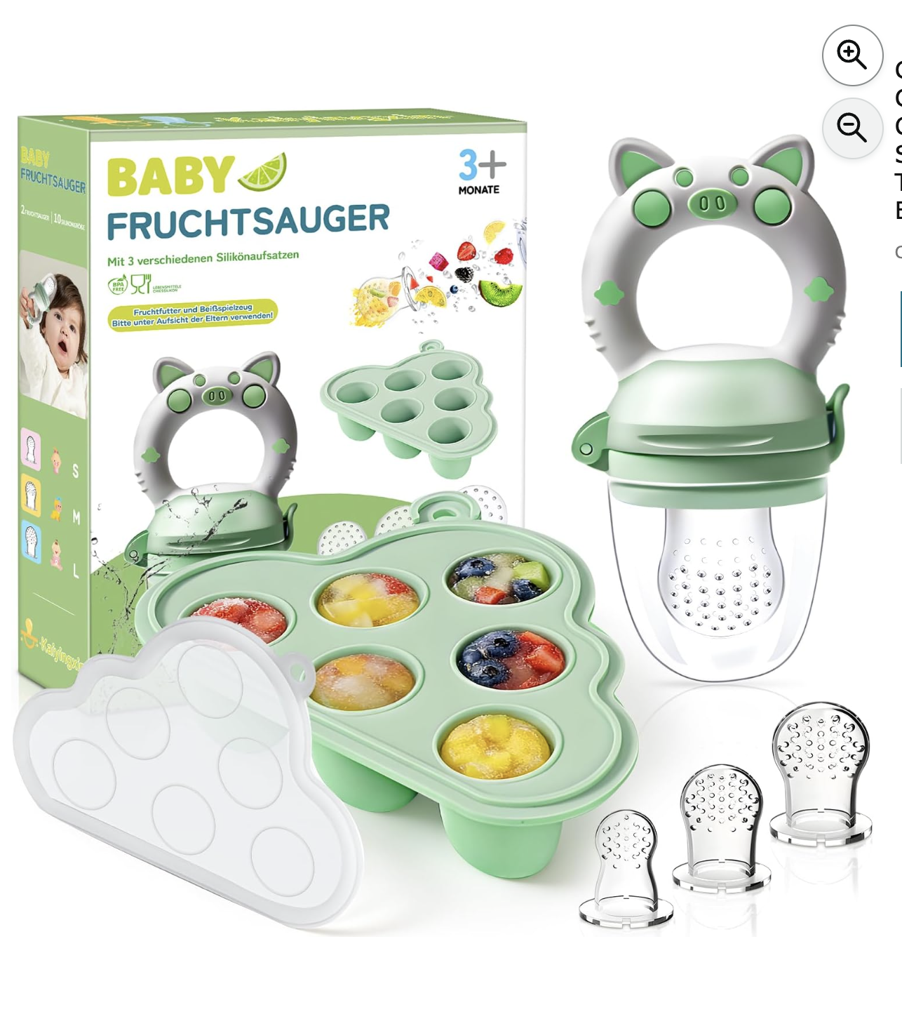 Grignoteuse bébé verte avec moules de congélation lait maternel et 3 sucettes silicone