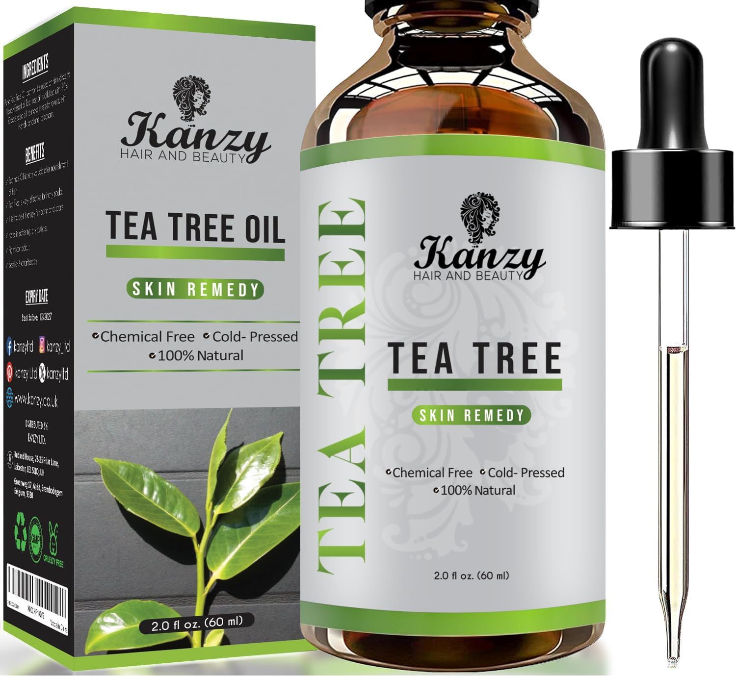 Flacon compte-gouttes et boîte Kanzy d’huile de soin au tea tree 60 ml