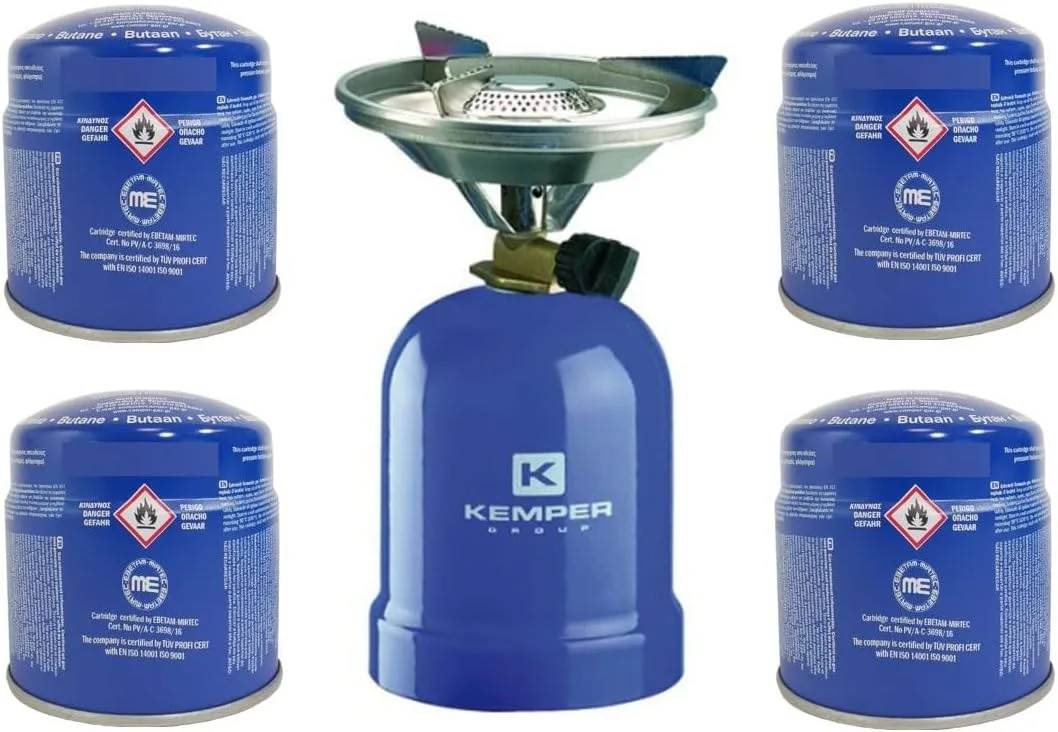 Réchaud à gaz Kemper bleu avec quatre cartouches perçables de 190 grammes