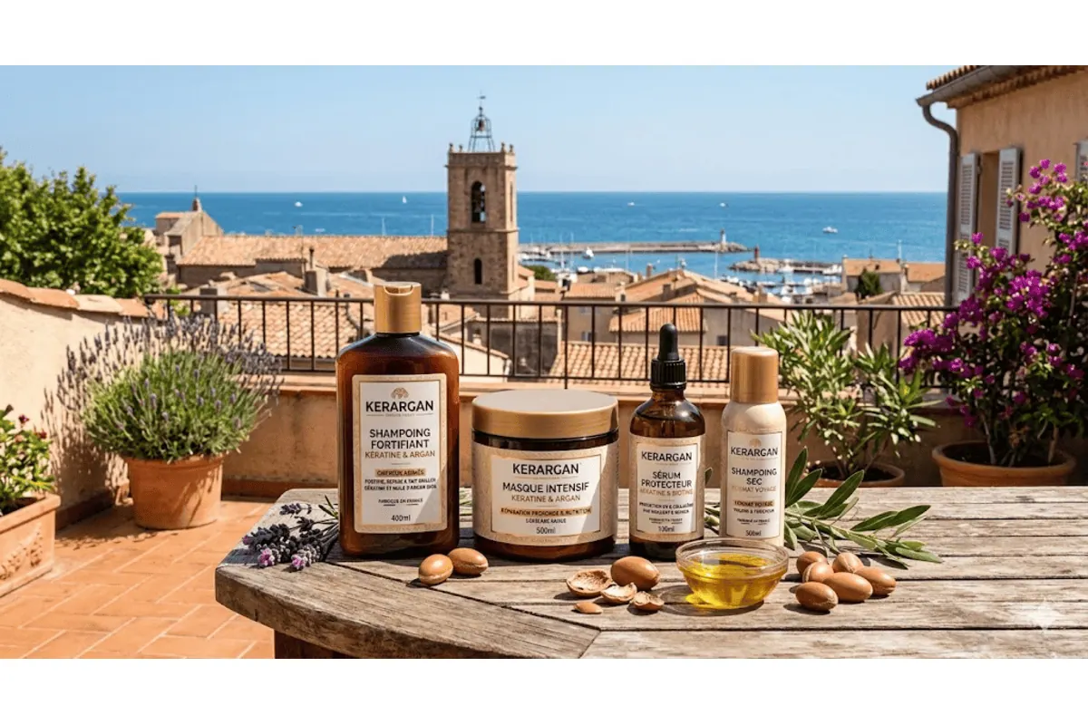 Kerargan gamme shampoing masque sérum shampoing sec table bois lavande olivier vue village provençal mer
