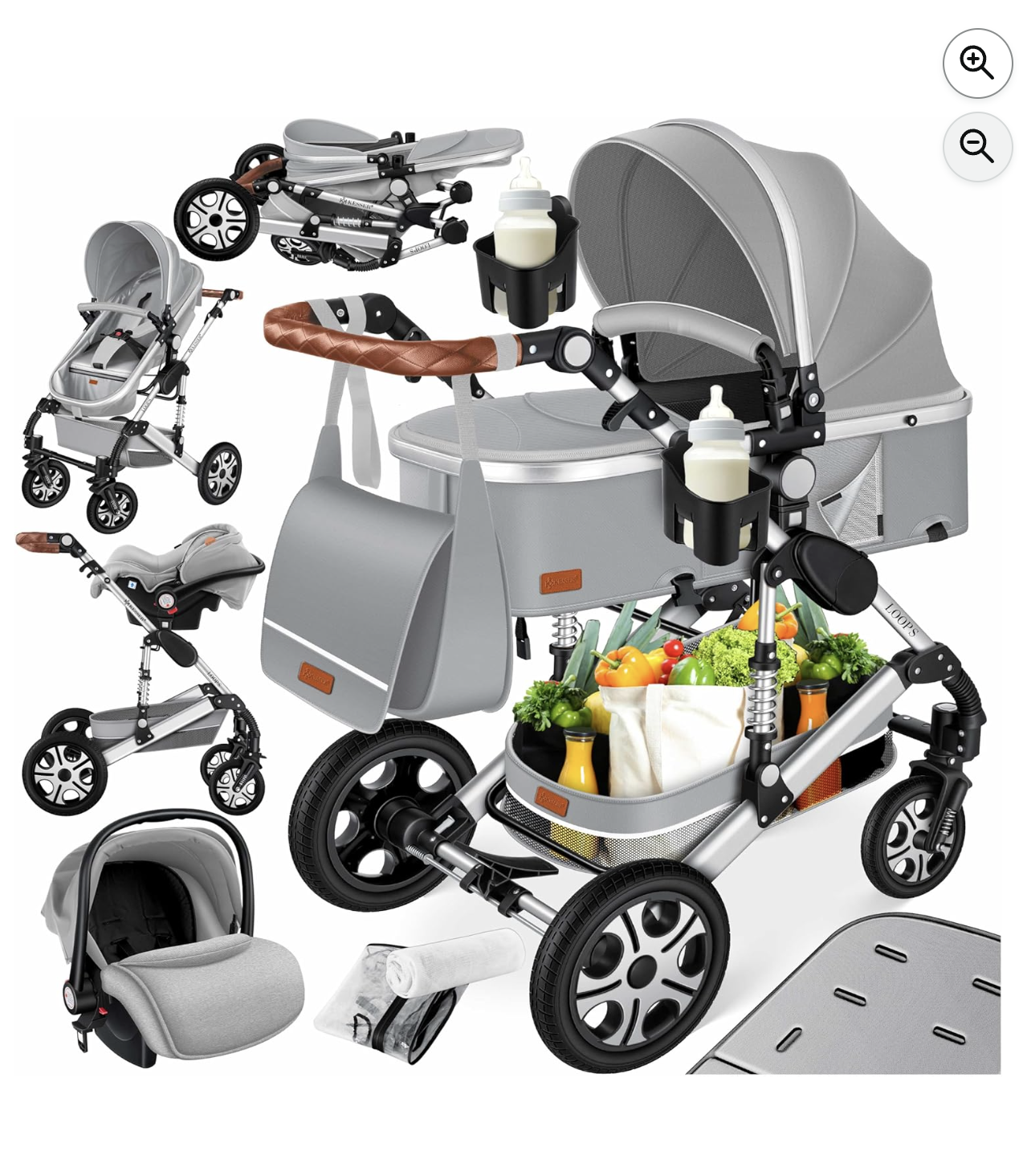 Ensemble poussette KESSER 4 en 1 gris avec nacelle siège auto et accessoires