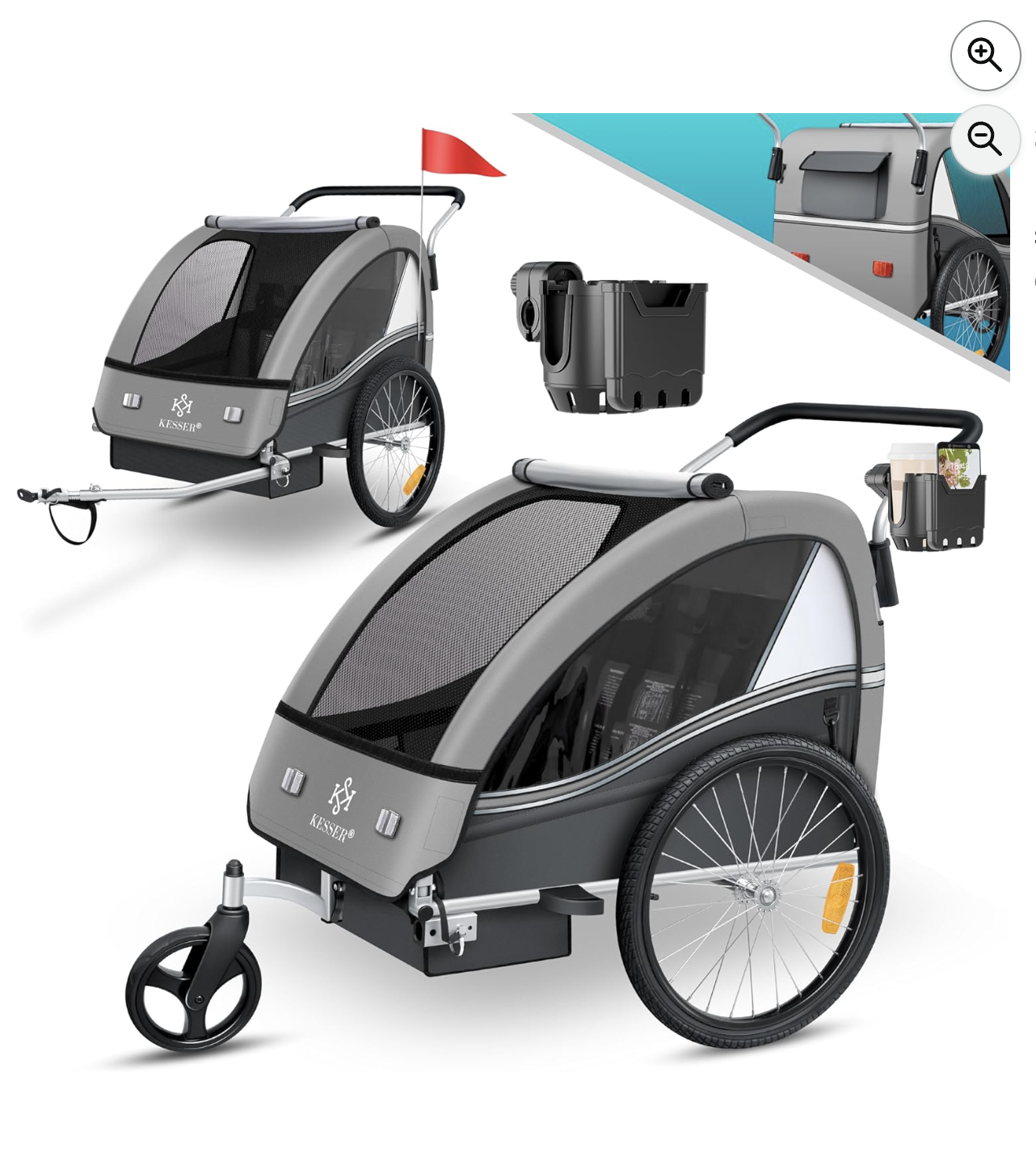 Remorque vélo KESSER Sport-RX 2 en 1 gris clair avec fonction poussette jogger