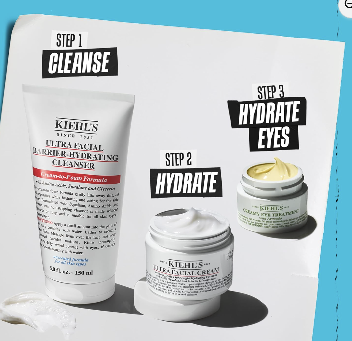 Kiehl's routine Ultra Facial en 3 etapes nettoyage hydratation yeux